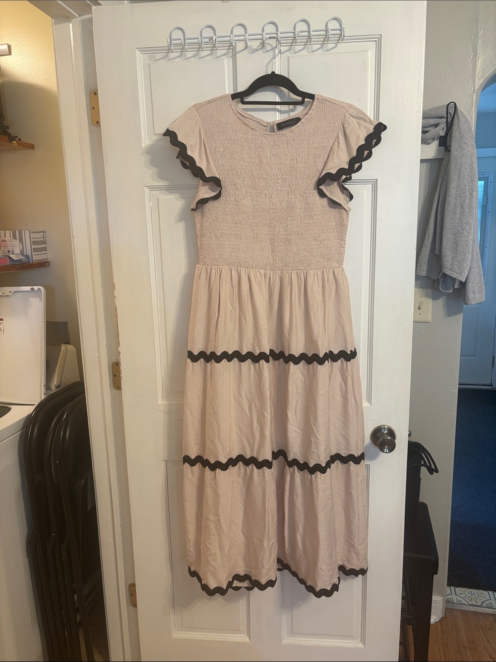 Tan Maxi Dress with Black Trim and Ruffle Sleeves